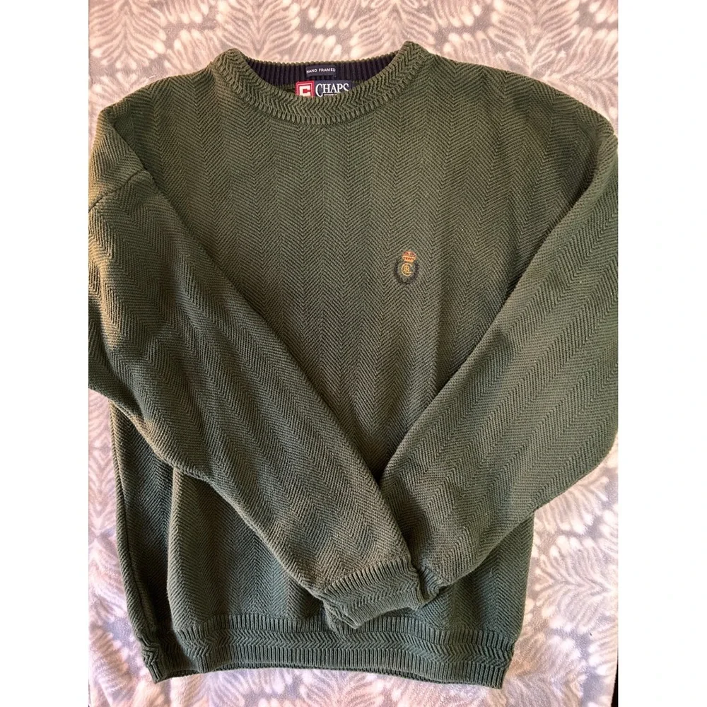 Chaps Ralph Lauren Mens Cotton Herringbone Knit Sweater‎ Green Crest Logo Large